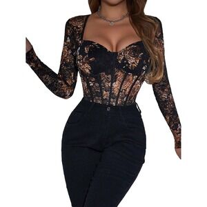 SweatyRocks Womens Sheer Floral Lace Long Sleeve Bodysuit Sweetheart Neck Blk L